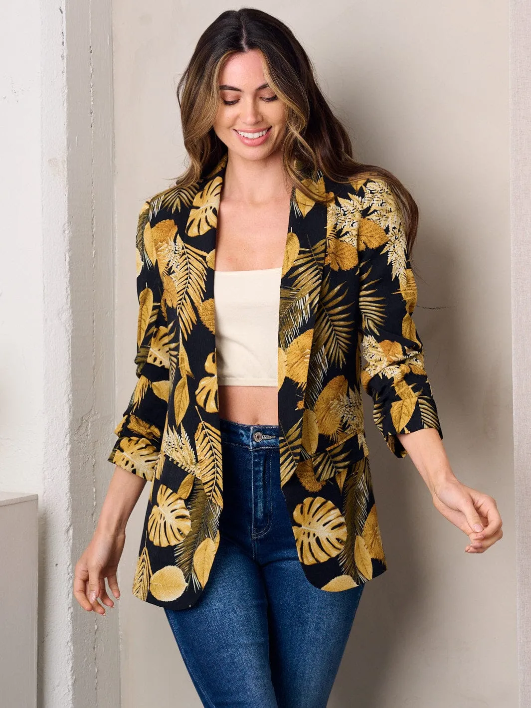 WOMEN'S 3/4 SLEEVE OPEN FRONT LEAF PRINT BLAZER
