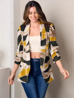 WOMEN'S 3/4 SLEEVE OPEN FRONT MULTI PRINT BLAZER