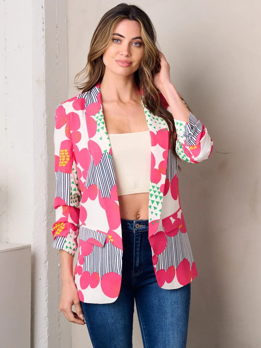 WOMEN'S 3/4 SLEEVE OPEN FRONT MULTI PRINT BLAZER