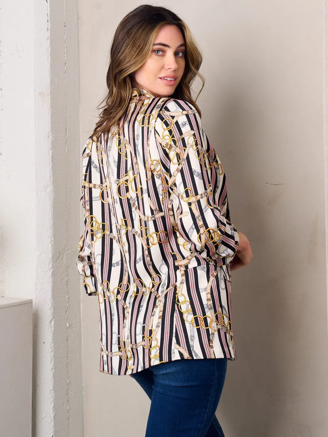 WOMEN'S 3/4 SLEEVE OPEN FRONT MULTI PRINT BLAZER