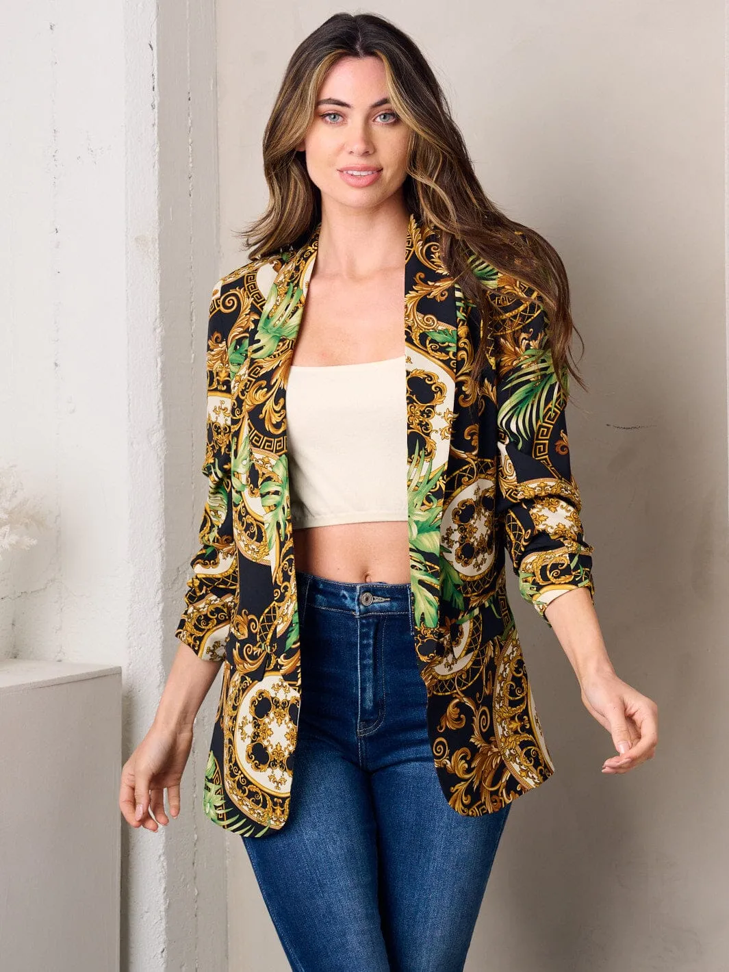 WOMEN'S 3/4 SLEEVE OPEN FRONT MULTI PRINT BLAZER