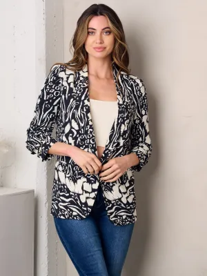 WOMEN'S 3/4 SLEEVE OPEN FRONT MULTI PRINT BLAZER