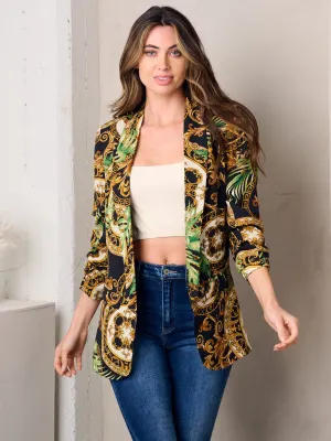 WOMEN'S 3/4 SLEEVE OPEN FRONT MULTI PRINT BLAZER
