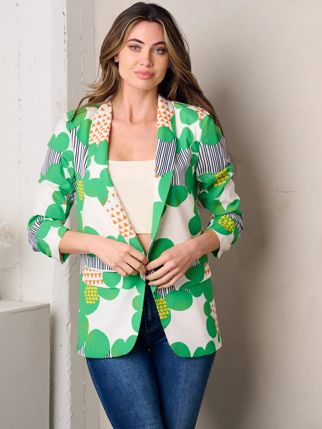 WOMEN'S 3/4 SLEEVE OPEN FRONT MULTI PRINT BLAZER
