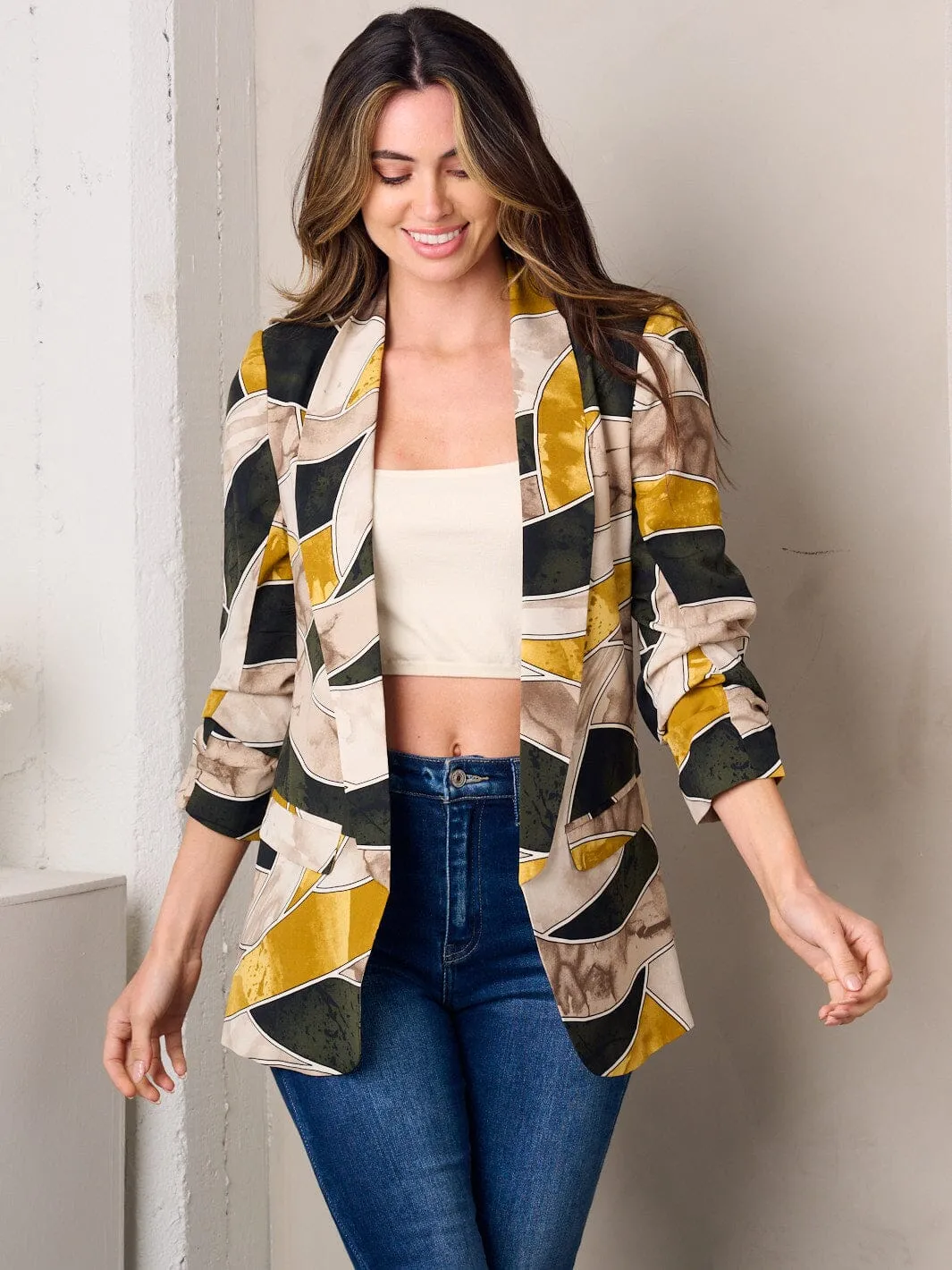 WOMEN'S 3/4 SLEEVE OPEN FRONT MULTI PRINT BLAZER