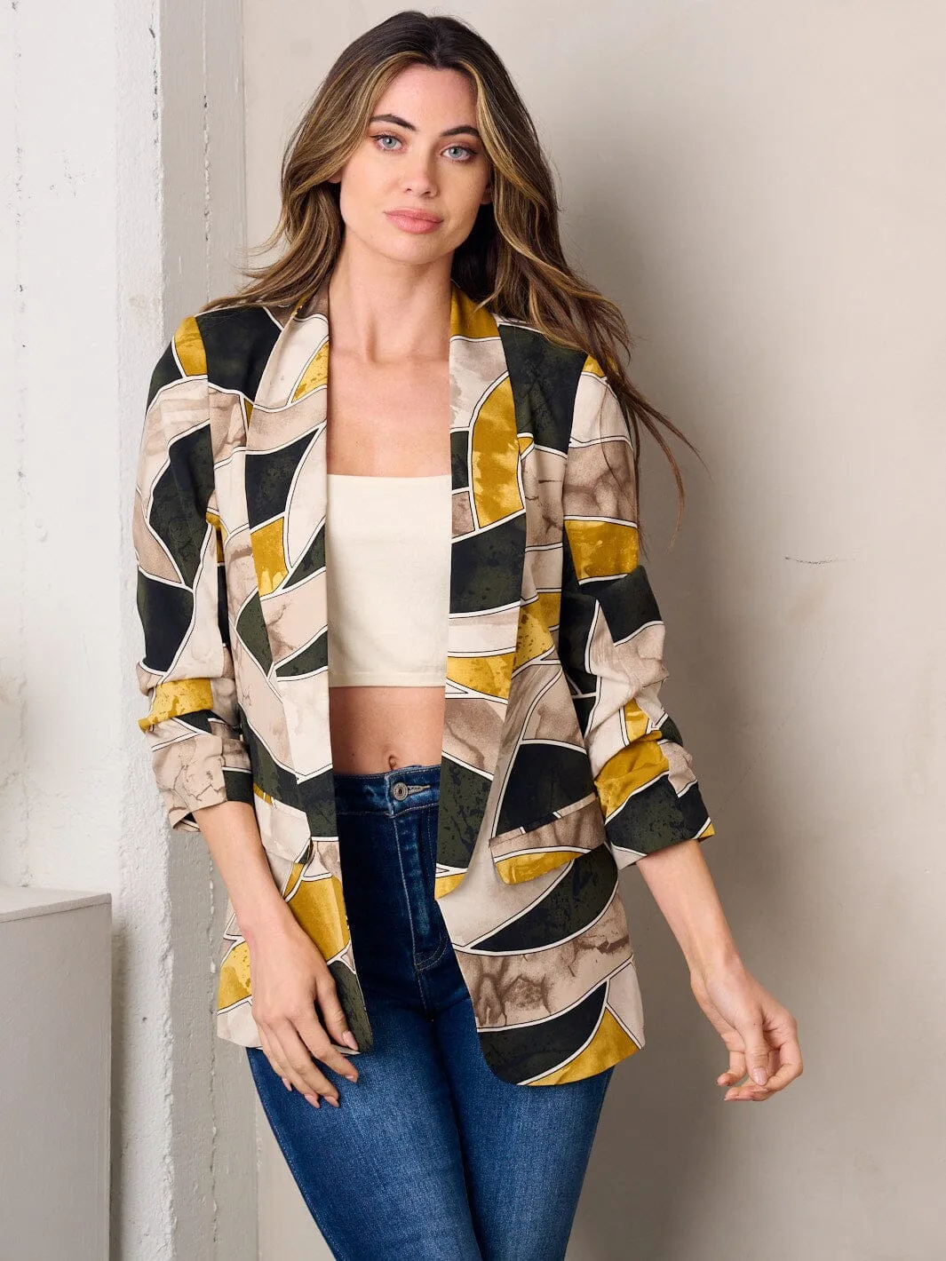 WOMEN'S 3/4 SLEEVE OPEN FRONT MULTI PRINT BLAZER