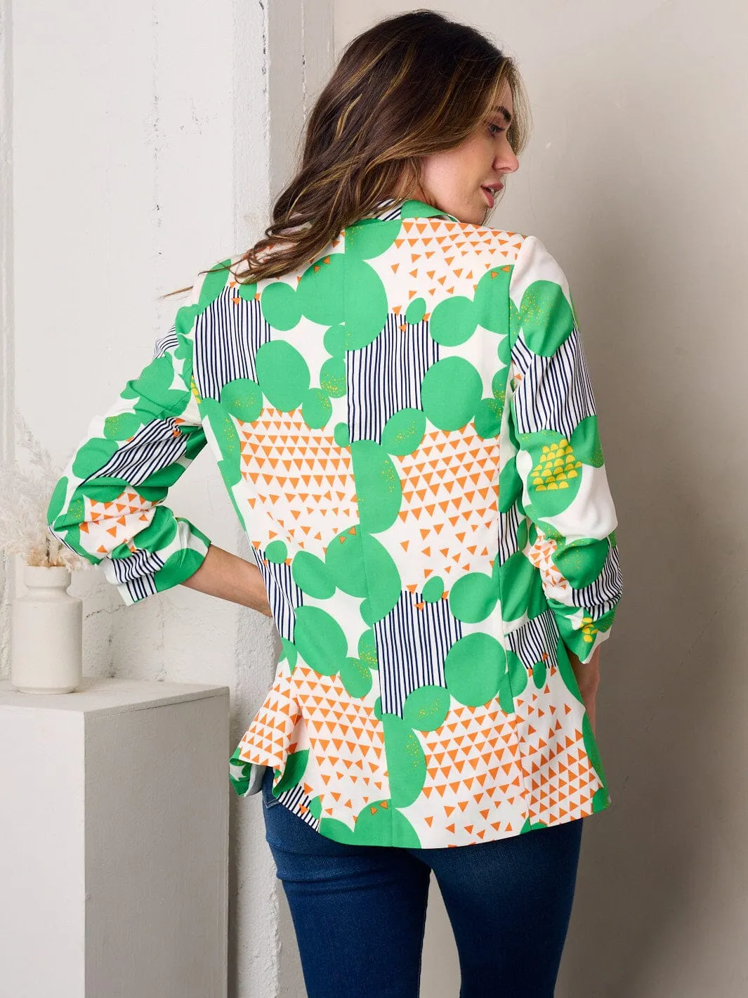 WOMEN'S 3/4 SLEEVE OPEN FRONT MULTI PRINT BLAZER