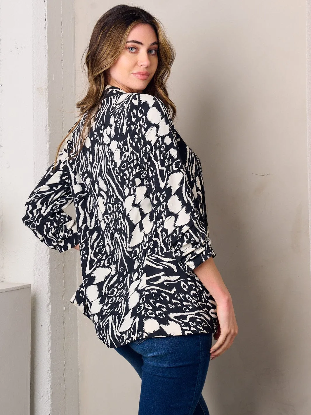 WOMEN'S 3/4 SLEEVE OPEN FRONT MULTI PRINT BLAZER
