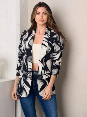 WOMEN'S 3/4 SLEEVE OPEN FRONT MULTI PRINT BLAZER