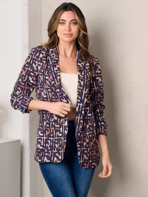 WOMEN'S 3/4 SLEEVE OPEN FRONT MULTI PRINT BLAZER