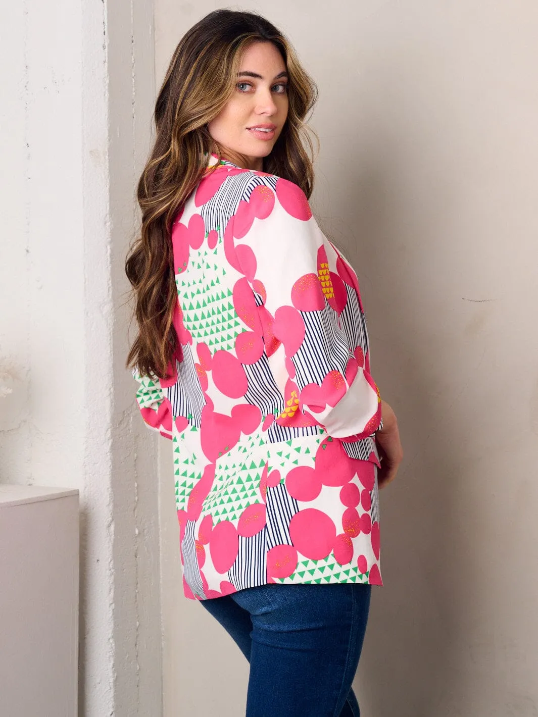 WOMEN'S 3/4 SLEEVE OPEN FRONT MULTI PRINT BLAZER