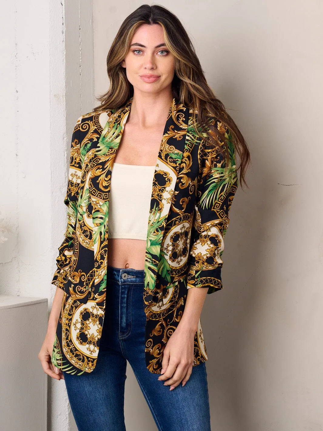 WOMEN'S 3/4 SLEEVE OPEN FRONT MULTI PRINT BLAZER