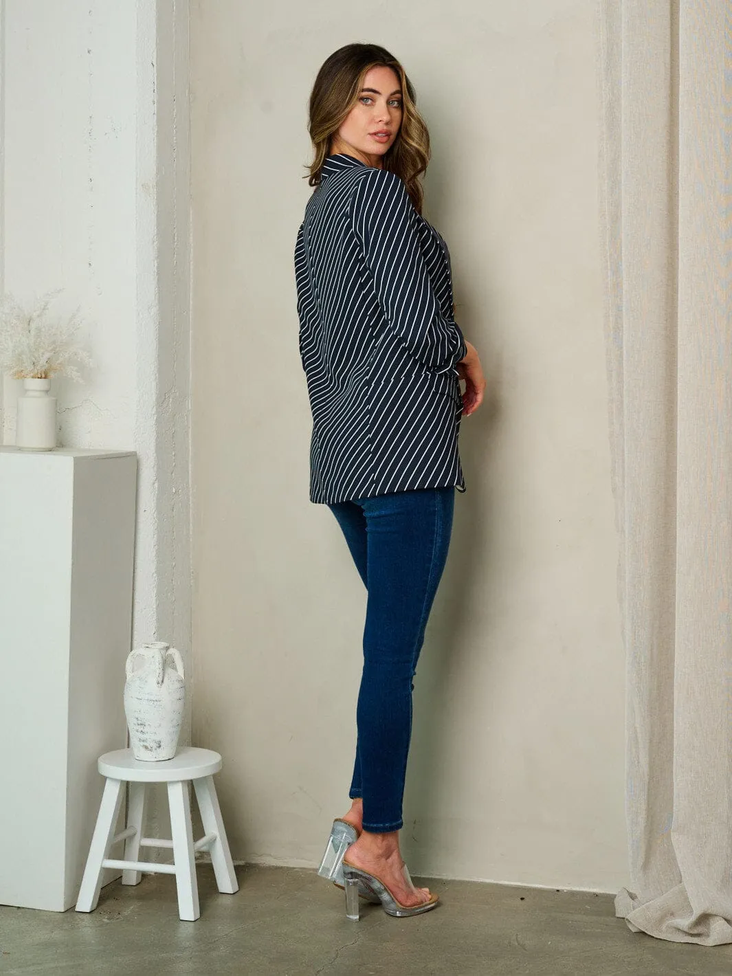 WOMEN'S 3/4 SLEEVE OPEN FRONT STRIPES BLAZER