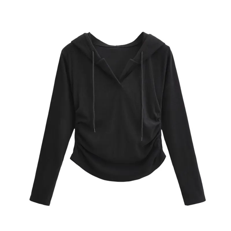 Women's Casual Solid Drawstring Long Sleeve Shirt