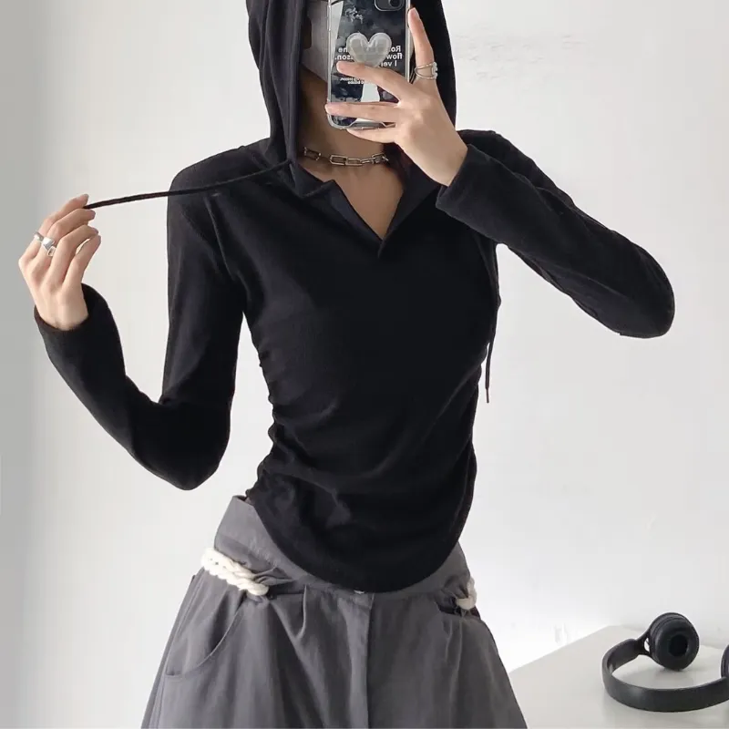 Women's Casual Solid Drawstring Long Sleeve Shirt