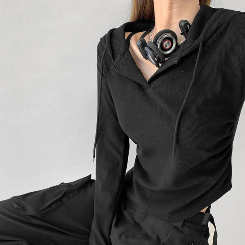 Women's Casual Solid Drawstring Long Sleeve Shirt