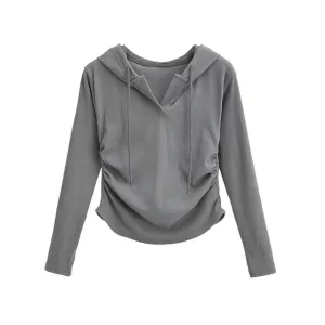 Women's Casual Solid Drawstring Long Sleeve Shirt