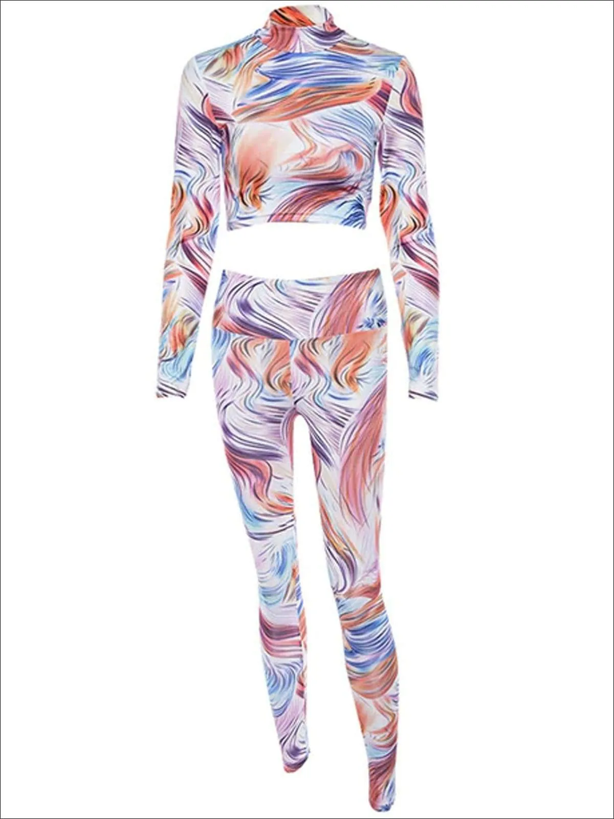Women's Multicolor Mock Neck Long Sleeve Crop Top Leggings Set