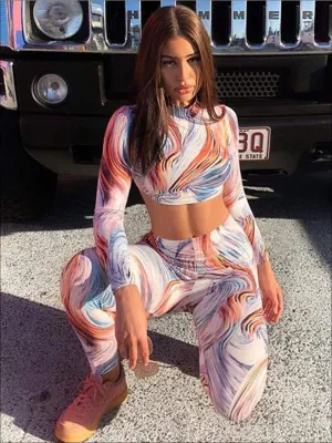 Women's Multicolor Mock Neck Long Sleeve Crop Top Leggings Set