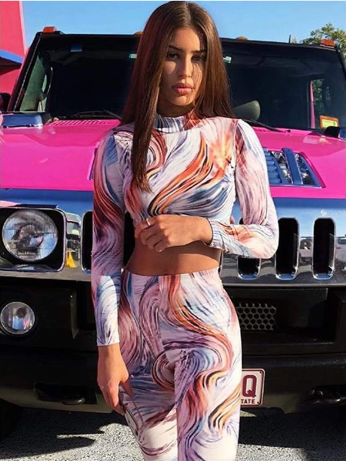 Women's Multicolor Mock Neck Long Sleeve Crop Top Leggings Set