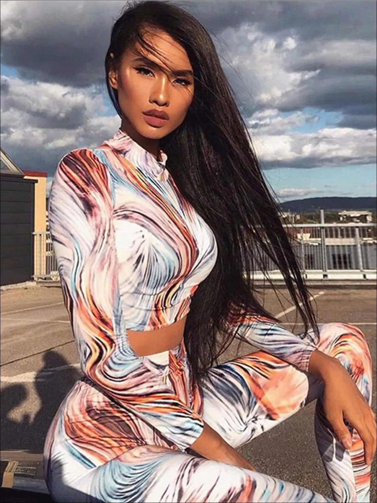 Women's Multicolor Mock Neck Long Sleeve Crop Top Leggings Set