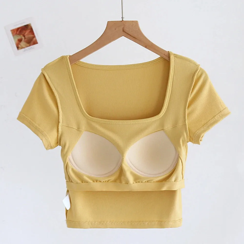 Women's Sexy Casual Korean Cropped Tops - Square Neck Bra T-Shirts with Short Sleeves SA1554