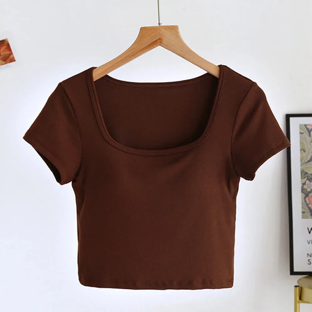 Women's Sexy Casual Korean Cropped Tops - Square Neck Bra T-Shirts with Short Sleeves SA1554