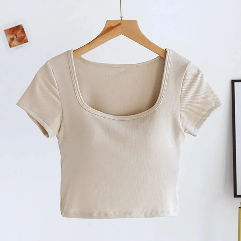 Women's Sexy Casual Korean Cropped Tops - Square Neck Bra T-Shirts with Short Sleeves SA1554