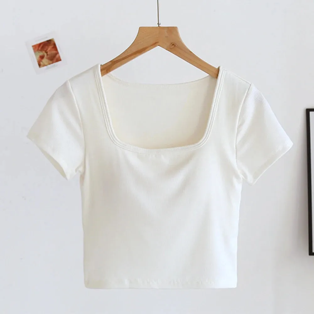 Women's Sexy Casual Korean Cropped Tops - Square Neck Bra T-Shirts with Short Sleeves SA1554