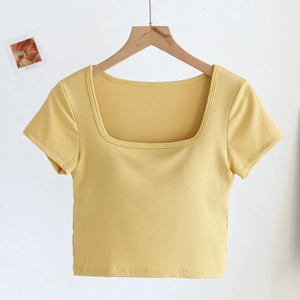 Women's Sexy Casual Korean Cropped Tops - Square Neck Bra T-Shirts with Short Sleeves SA1554