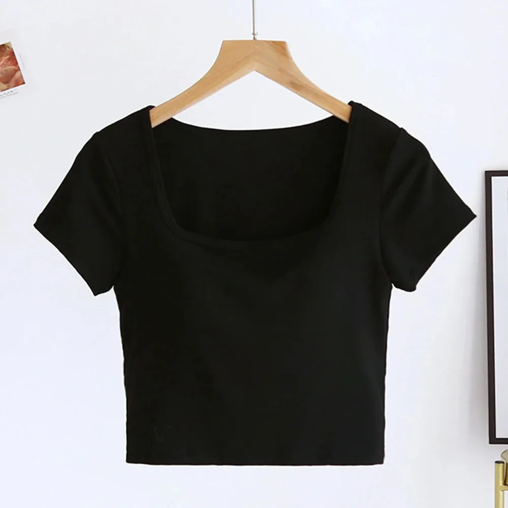 Women's Sexy Casual Korean Cropped Tops - Square Neck Bra T-Shirts with Short Sleeves SA1554