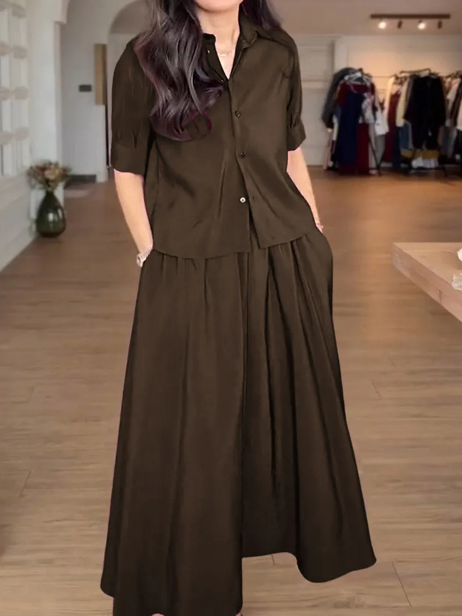 Women's Solid Color Lapel Short Sleeve Shirt Elastic Waist Casual A-Line Skirt Suit