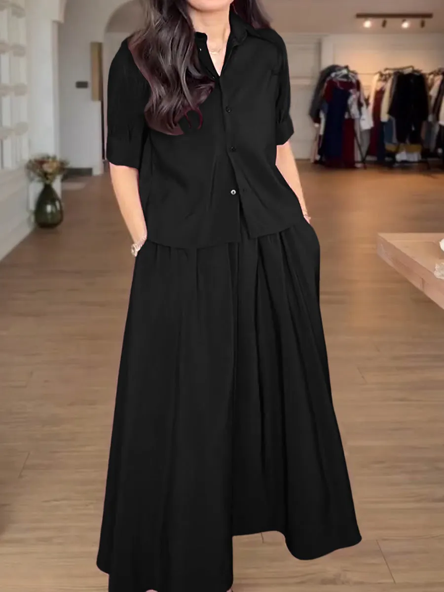 Women's Solid Color Lapel Short Sleeve Shirt Elastic Waist Casual A-Line Skirt Suit