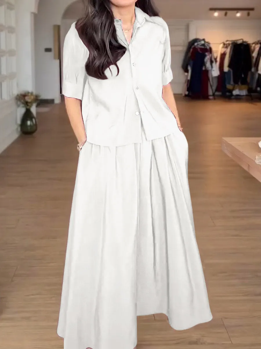 Women's Solid Color Lapel Short Sleeve Shirt Elastic Waist Casual A-Line Skirt Suit