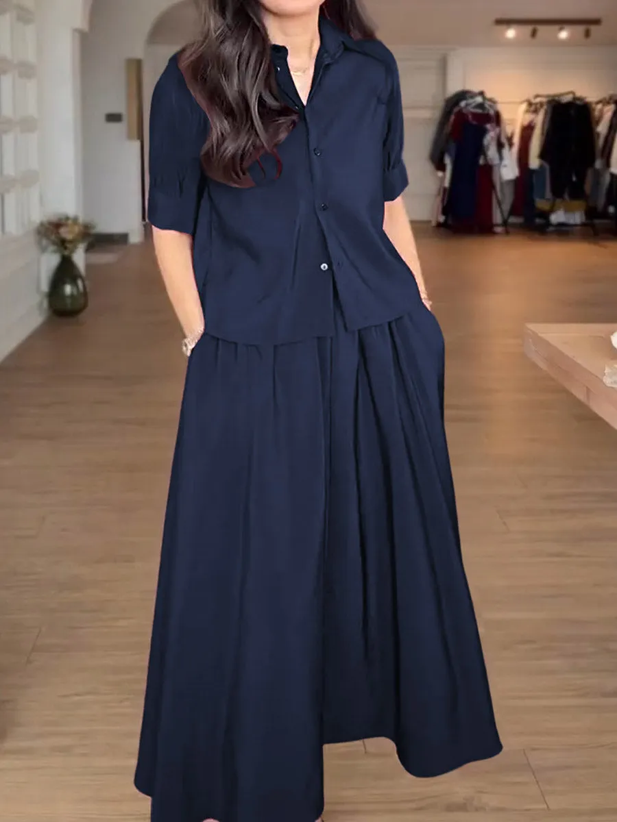 Women's Solid Color Lapel Short Sleeve Shirt Elastic Waist Casual A-Line Skirt Suit