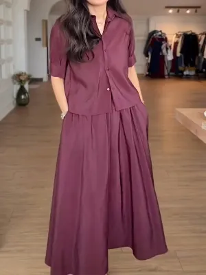 Women's Solid Color Lapel Short Sleeve Shirt Elastic Waist Casual A-Line Skirt Suit