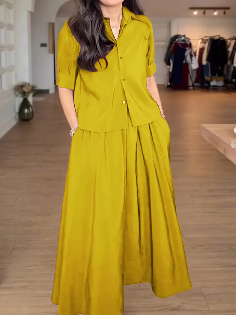 Women's Solid Color Lapel Short Sleeve Shirt Elastic Waist Casual A-Line Skirt Suit