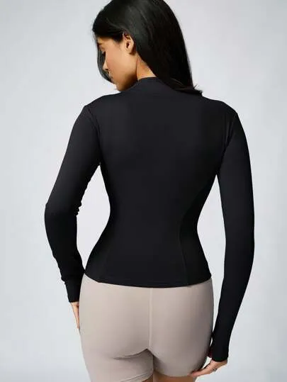 Women's Solid Color Sports Jacket – Zip-Up, Thumb Holes & Slim Fit
