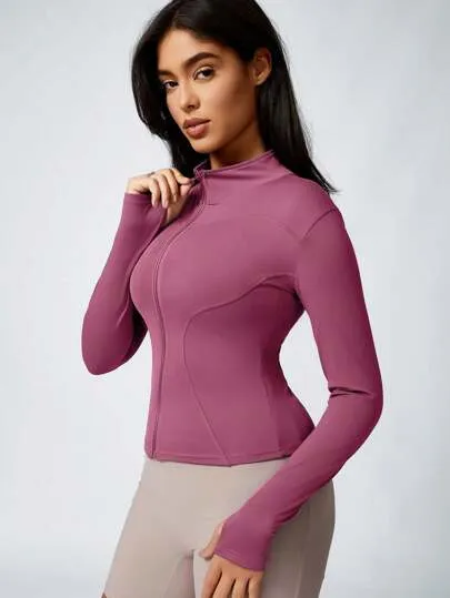 Women's Solid Color Sports Jacket – Zip-Up, Thumb Holes & Slim Fit