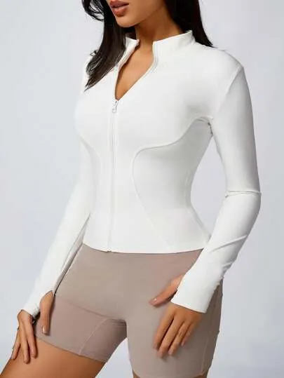 Women's Solid Color Sports Jacket – Zip-Up, Thumb Holes & Slim Fit