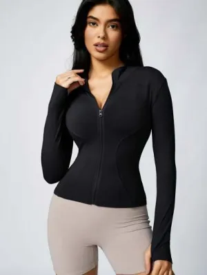 Women's Solid Color Sports Jacket – Zip-Up, Thumb Holes & Slim Fit