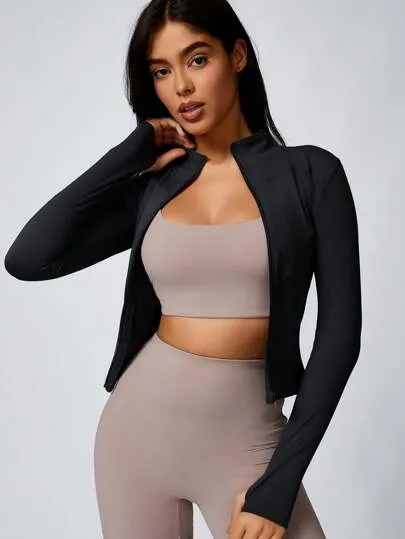 Women's Solid Color Sports Jacket – Zip-Up, Thumb Holes & Slim Fit