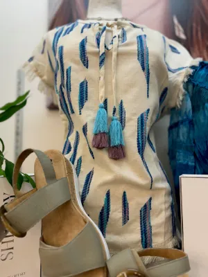 Women's Tribal Jeans | Cotton Cap Sleeve with Tassel Blouse | Capri