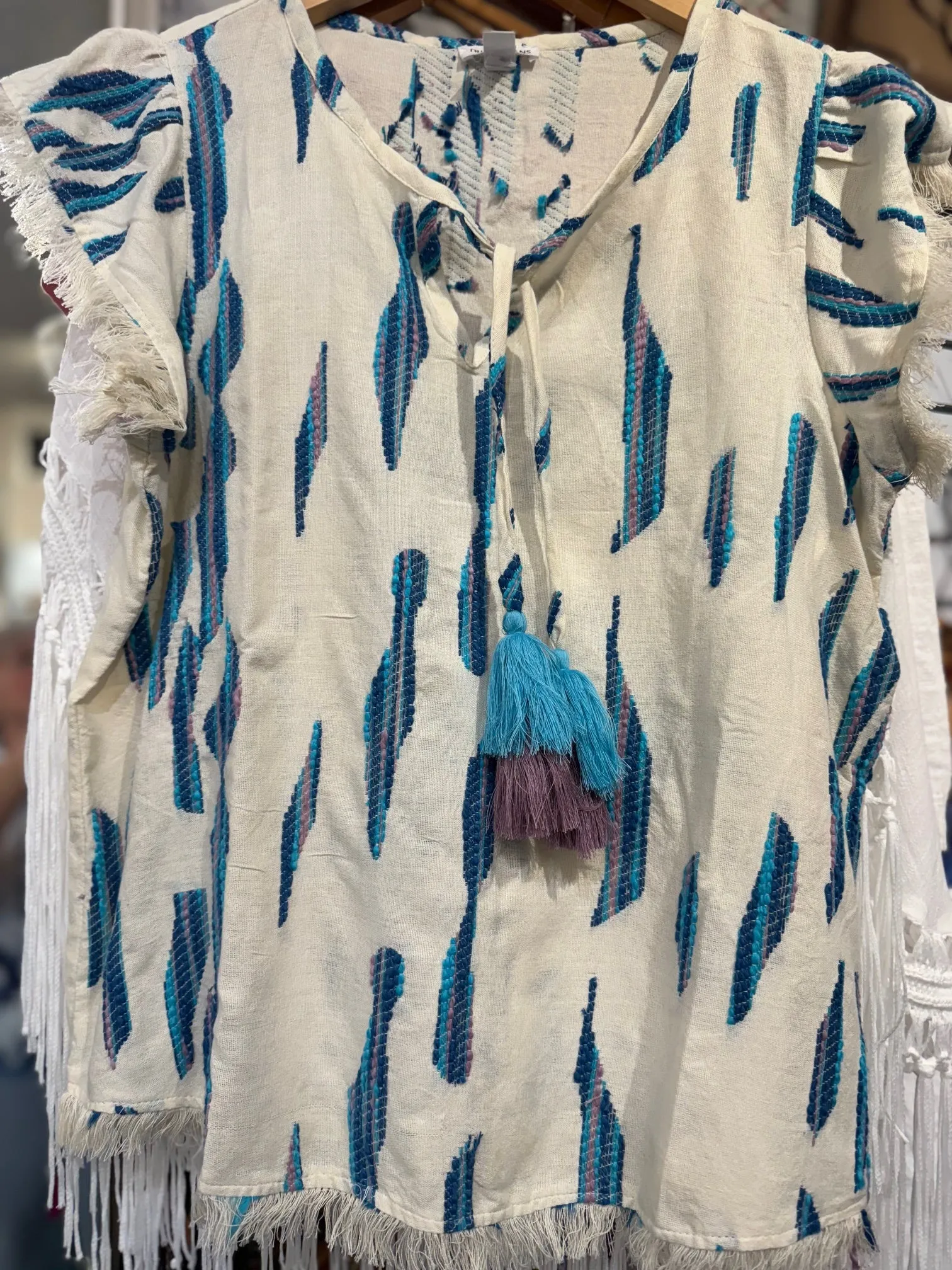 Women's Tribal Jeans | Cotton Cap Sleeve with Tassel Blouse | Capri
