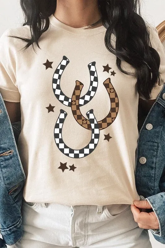 women's Western Checkered Horseshoes Graphic Tee