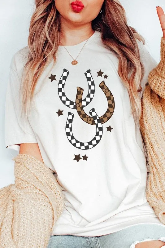 women's Western Checkered Horseshoes Graphic Tee