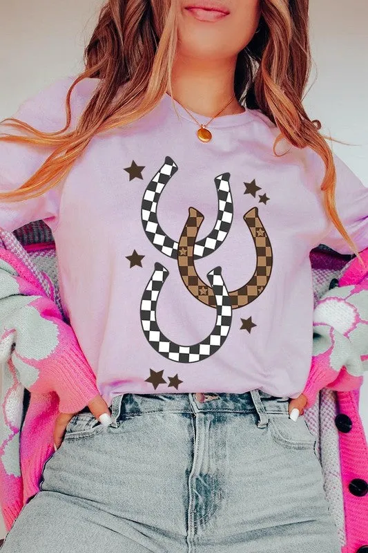 women's Western Checkered Horseshoes Graphic Tee