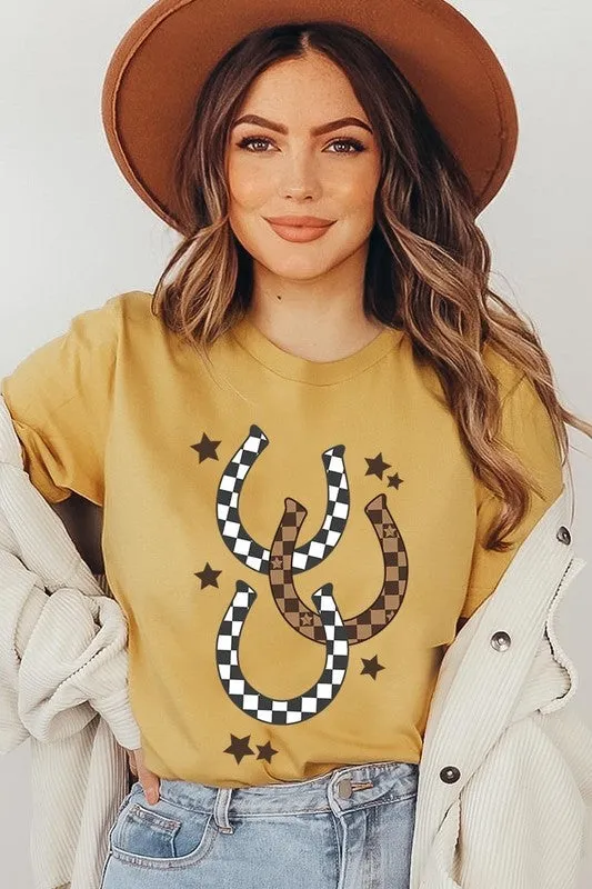 women's Western Checkered Horseshoes Graphic Tee