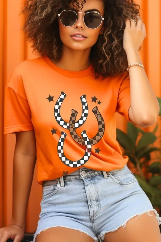women's Western Checkered Horseshoes Graphic Tee
