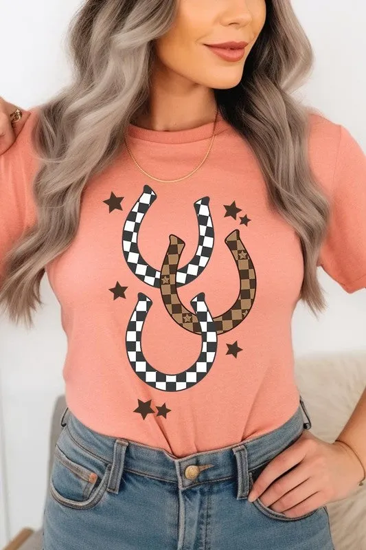 women's Western Checkered Horseshoes Graphic Tee